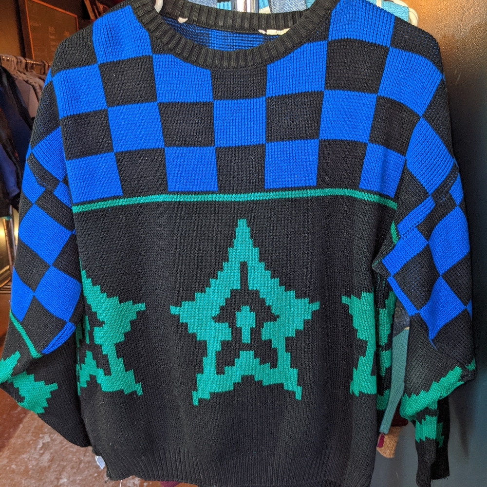 Vintage Retro Checkered Blue and Green Sweater